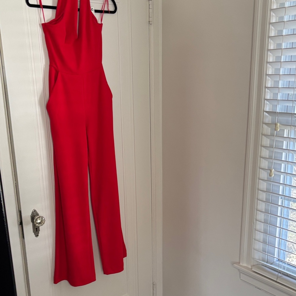 Express Red Wide-Leg Halter Jumpsuit